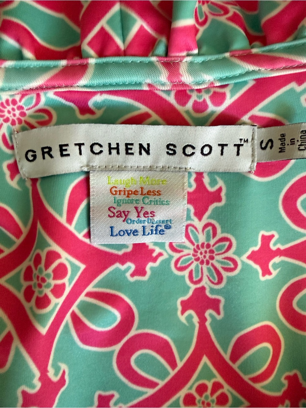 Gretchen Scott Ruff Neck 3/4 Sleeve Sheath Dress Pink Turquoise Print Sz Small - Picture 11 of 12